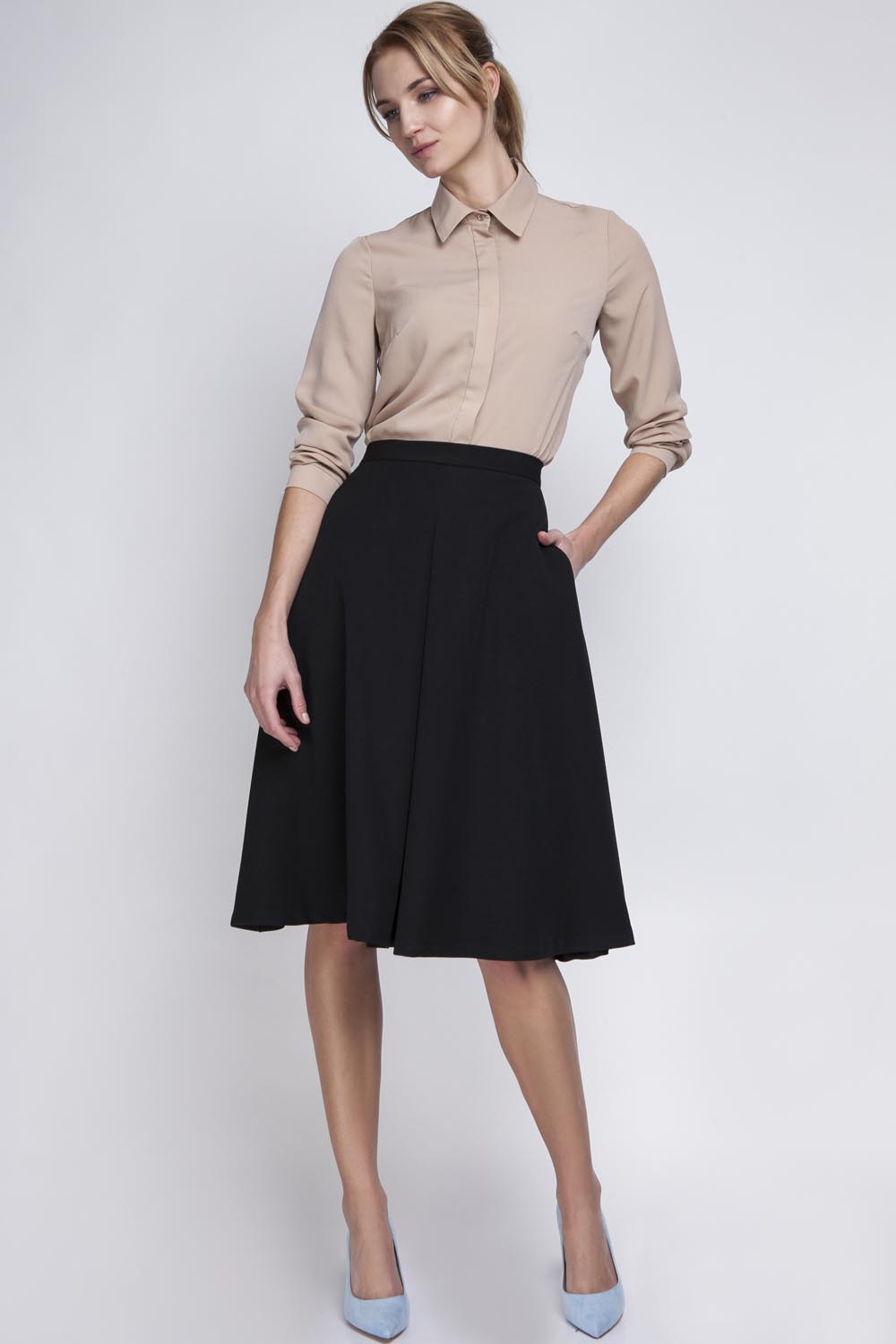 Black Pleated Midi Skirt with Back Zipper