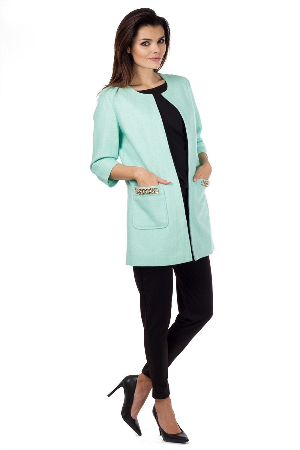 Mint Coat With Chain Embellished Pockets