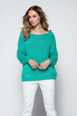Zielony Milutki Sweter z Ażurowymi Wstawkami