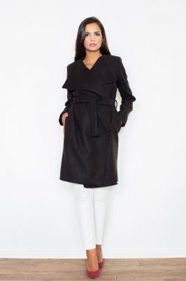 Oversized Double Breasted Black Coat with Self Tie Belt