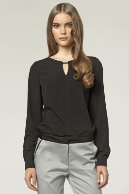 Stringed Keyhole Neckline Black Blouse with Long Sleeves