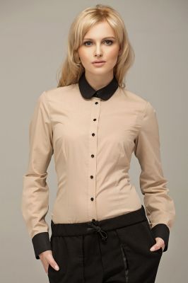 Beige Vintage Blouse With Black Round Collar And Cuffs