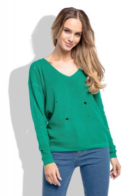 Zielony Klasyczny Sweter z Dekoltem w Szpic z Dziurami