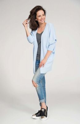Light blue front open sweater with batwing sleeves