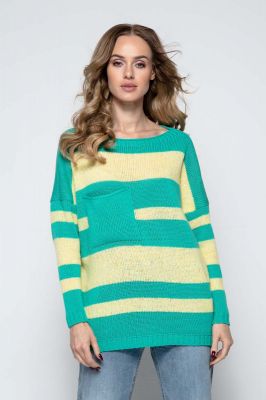 Zielony Luźny Sweter w Paski z Naszytą Kieszenią
