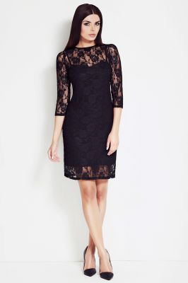 Black Floral Lace Shift Dress with 3/4 Sleeves