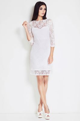 Off White Floral Lace Shift Dress with 3/4 Sleeves