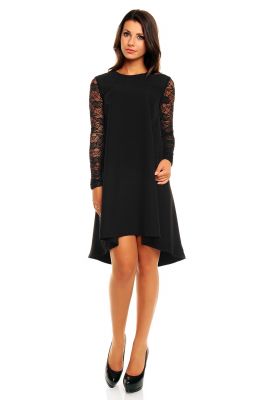 Black Asymmetrical Hemline Lace Sleeves Dress