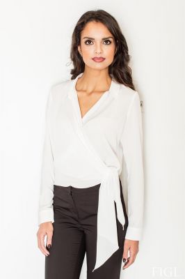 Ecru Crossover Collared Knot-Waist Blouse