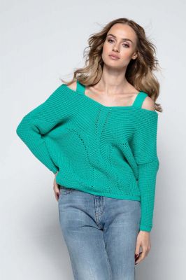 Zielony Lekki Nietoperzowy Sweter ze Zmysłowym Dekoltem