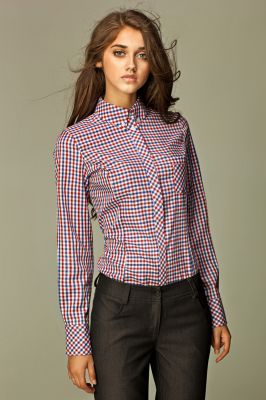 Varied Check Seam Red Shirt with Concealed Button Fastening