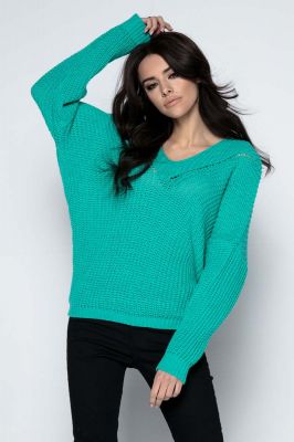 Zielony Sweter Krótki Oversizowy z Dekoltem V