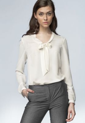 White Chiffon Blouse with Bow Neckline and Long Sleeves