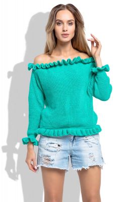 Zielony Sweter z Dekoltem Typu Carmen