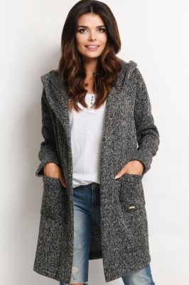 Flecked Grey Hooded Cardigan with Side Pockets
