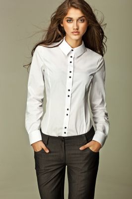 Seam Collared White Shirt with Paired-Button Details