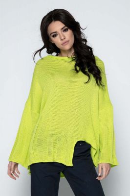 Limonkowy Sweter Asymetryczny z Rozkloszowanymi Rękawami