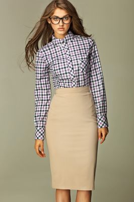 Varied Check Seam Violet Shirt with Concealed Button Fastening