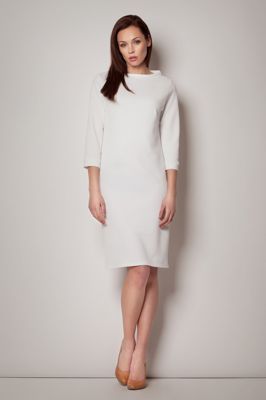 Off White High Neck Textured Shift Dress with 3/4 Sleeves