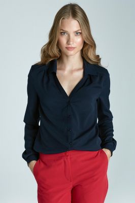 Dark Blue Blouse with Cuffed Long Sleeves