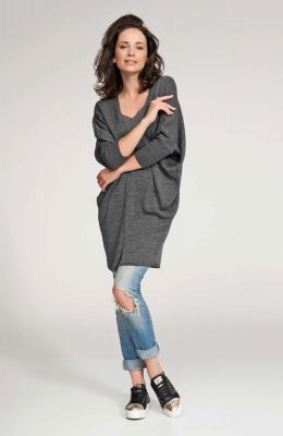 Dark grey front open sweater with batwing sleeves