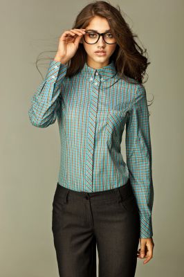 Varied Check Seam Turquoise Shirt with Concealed Button Fastening