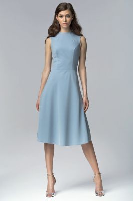 Blue Seam Midi Dress with High Neckline