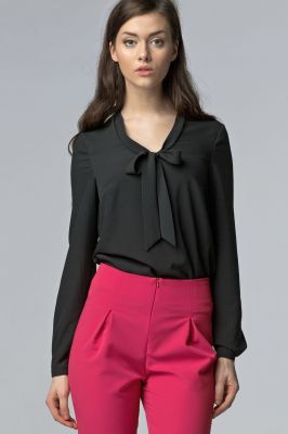 Black Chiffon Blouse with Bow Neckline and Long Sleeves