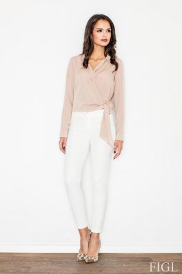 Beige Crossover Collared Knot-Waist Blouse