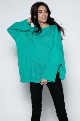 Zielony  Sweter Asymetryczny z Rozkloszowanymi Rękawami