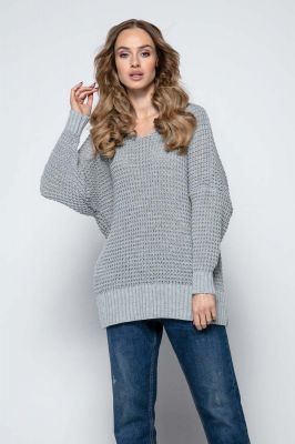 Szary Oversizowy Sweter z Dekoltem V