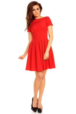 Red Pleated Seam Dress with Metallic Emblem