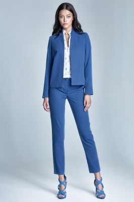 Niebieskie Eleganckie Spodnie Cygaretki z Asymetrycznym Zapięciem