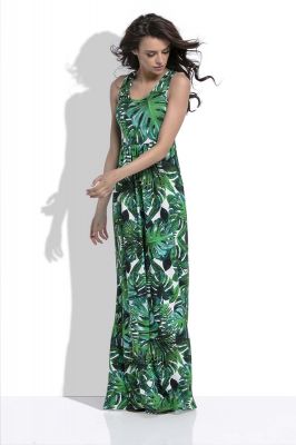 Zielona Długa Letnia Sukienka w Tropikalne Liście