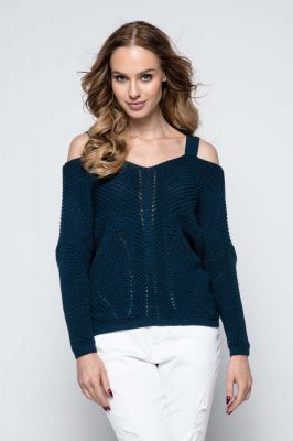 Granatowy Lekki Nietoperzowy Sweter ze Zmysłowym Dekoltem