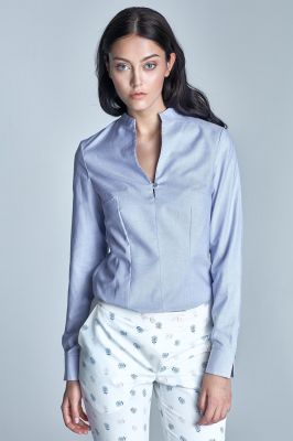 Blue blouse with slit neckline and cuffs