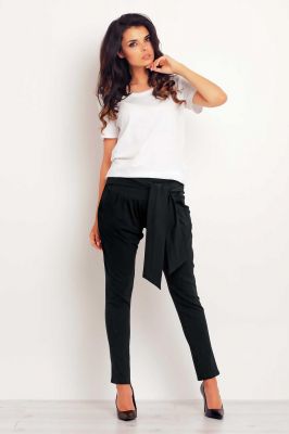 Black stretchable pants with self tie belt