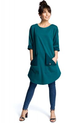 Zielona Codzienna Trapezowa Sukienka Tunika z Kieszeniami