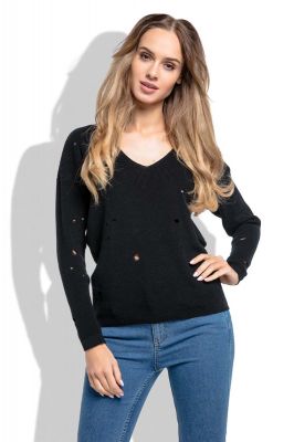 Czarny Klasyczny Sweter z Dekoltem w Szpic z Dziurami