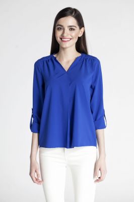 Blue pleated front blouse with button tab sleeves