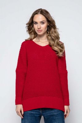 Czerwona Oversizowy Sweter z Dekoltem V