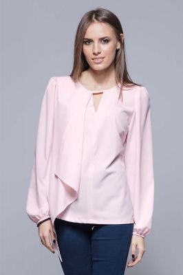 Różowa Elegancka Wizytowa Bluzka z Asymetryczną Falbanką