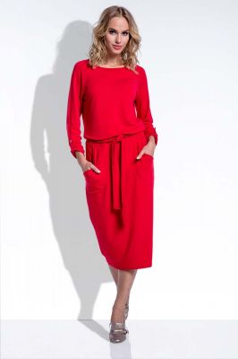 Midi Czerwona Sukienka w Stylu Casual z Podpinanymi Rękawami