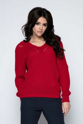 czerwony Sweter Krótki Oversizowy z Dekoltem V
