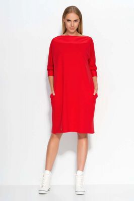 Red oversized dress with bateau neckline
