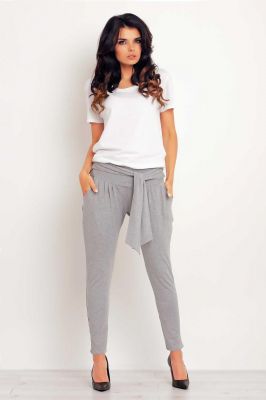 Grey stretchable pants with self tie belt
