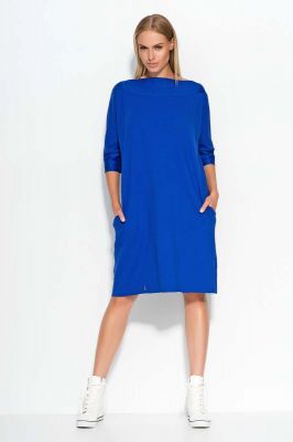 Blue oversized dress with bateau neckline