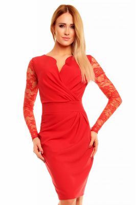 Wrap Around Self Belted Sheath Red Laced Dress
