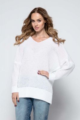 Biały Oversizowy Sweter z Dekoltem V