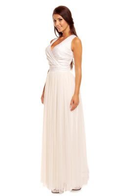 Creamy Crossover Lace Bodice Sleeveless Dress with Sheer Lace Long Skirt